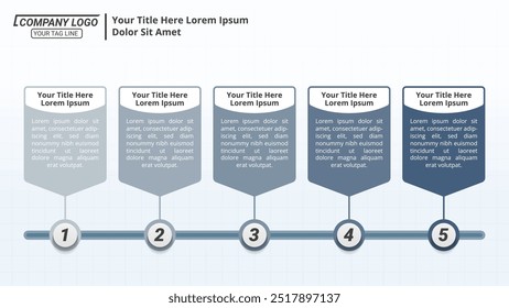 Infographic Timeline with 5 Steps on a 16:9 Layout for Business Presentations, Management, and Evaluation.