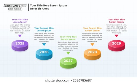 Cronograma infográfico com 5 etapas em um layout 16:9 para apresentações de negócios, gerenciamento e avaliação.