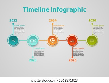 infographic timeline 5 years multi colored circles with curved ends with hexagons and icons for business planning, marketing, growth on gray background