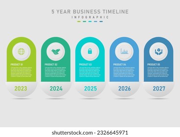 línea de tiempo infográfica 5 años cuadrados redondeados de varios colores Un botón gris encima con un icono con letras blancas en un fondo de color en el medio abajo con el número del año. fondo de gradiente gris 