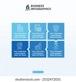 Infographic Timeline with 6 Options on a 16:9 Layout for Business Presentations, Management, and Evaluation.