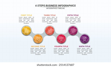 Cronograma infográfico com 6 etapas em um layout 16:9 para apresentações de negócios, gerenciamento e avaliação.