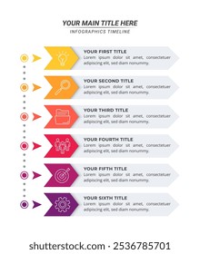 Infographic Timeline with 6 Steps on a 16:9 Layout for Business Presentations, Management, and Evaluation.