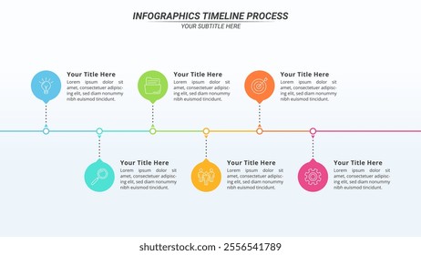 Infographic Timeline with 6 Steps on a 16:9 Layout for Business Presentation, Poster, Banner and Booklet.