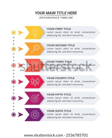 Infographic Timeline with 6 Steps on a 16:9 Layout for Business Presentations, Management, and Evaluation.
