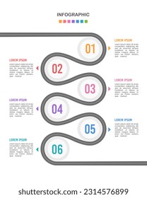 Infographic timeline 6 steps to success. Business milestone, roadmap, presentation, marketing. Vector illustration.