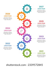 Infographic timeline 7 gears template. Roadmap, Milestone, Cog. Vector illustration.