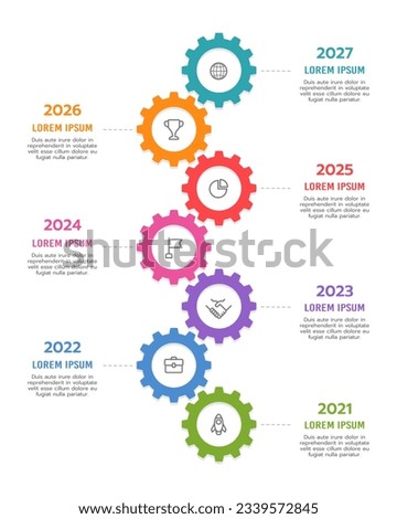 Infographic timeline 7 gears template. Roadmap, Milestone, Cog. Vector illustration.