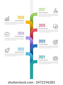 Cronología infográfica de 7 eventos importantes en la Plantilla de la Vertical empresarial. Presentación de negocios, Planificación, Informe, Datos e Hito. Ilustración vectorial. 