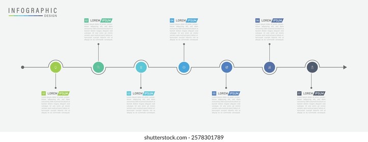 Infographic timeline of 7 important events in business horizontal template. Business presentation, Planning, Report, Data and Milestone. Vector illustration