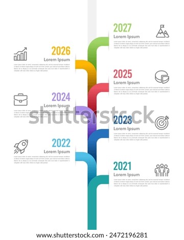 Infographic timeline of 7 important events in business vertical template. Business presentation, Planning, Report, Data and Milestone. Vector illustration. 