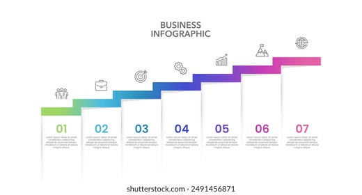 Infographic Timeline 7 Steps to Business Goals. Business presentations, reports, data, banners, milestones and planning. Vector illustration.