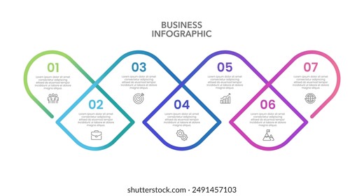 Infografía Cronología 7 Pasos para el éxito empresarial. Presentación de negocios, Informe, Información, Anuncio, Hito y Planificación. Ilustración vectorial.