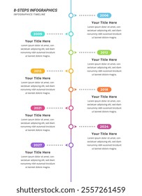 	
Infographic Timeline with 8 Steps for Business Presentation, Poster, Banner and Booklet.