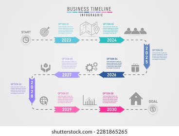 línea de tiempo infográfica de 8 años de línea punteada Flechas con números de año blanco rodean el punto de inicio y el punto de fin entre rutas con iconos. Fondo de gradiente gris. Diseño para marketing, producto.