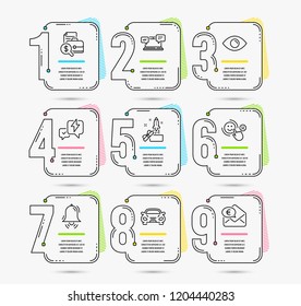 Infographic timeline with 9 options. Set of Car, Eye and Innovation icons. Accounting report, Clock bell and Customer satisfaction signs. Internet chat, Lightning bolt and Euro money. Timeline vector
