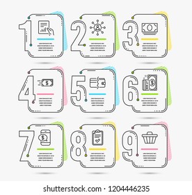 Infographic timeline with 9 options. Set of Checklist, Phone payment and Money transfer icons. Networking, Payment and Cash money signs. Document, Shop cart symbols. Vector