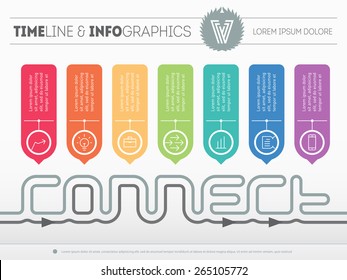 Infographic timeline about connect with 7 parts. Time line of tendencies and trends including logo. Vector web template with icons and design elements on light background.