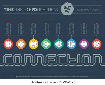 Infographic timeline about connection with 8 parts. Time line of tendencies and trends. Vector web template with icons and design elements on dark background.