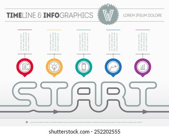 Infographic timeline about how to start your own business. Time line of tendencies and trends. Vector web template with icons and design elements on light background.