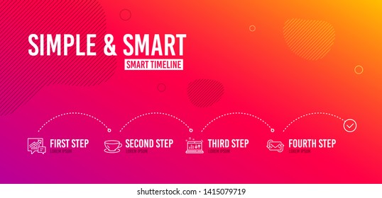 Infographic timeline. Accounting, Espresso and Sound check icons simple set. Refresh mail sign. Supply and demand, Coffee cup, Dj controller. New e-mail. Business set. 4 steps layout. Vector