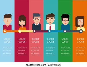 Infographic timeline with avatars. Team work concept flat style vector.