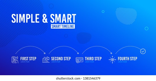 Infographic timeline. Bitcoin pay, Decreasing graph and Change card icons simple set. Parcel delivery sign. Mobile payment, Column chart, Payment method. Logistics service. 4 steps layout. Vector