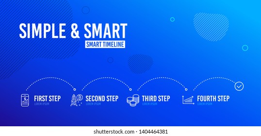  Escala de tiempo de la infografía. Proyecto Bitcoin, Consejos y iconos de finanzas móviles conjunto simple. Signo de gráfico. Inicio de criptomoneda, Monedas de efectivo, Contabilidad telefónica. Gráfico de presentación. Juego de finanzas. Vector