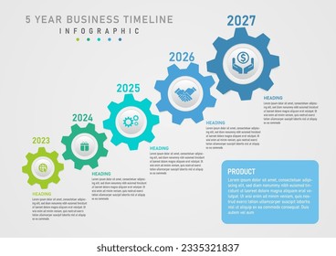 infographic timeline business 5 years multicolored gears aligned The circle in the middle with the icon above it has a number, the right side has a letter and a frame. gray gradient background - Powered by Shutterstock - Get 15% off with code: PIKWIZARD15