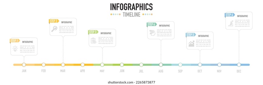 Infographic timeline and business template as a vector including 6 steps or process with 12 months on white background and icons and colorful round edge rectangle shape for progress and planning