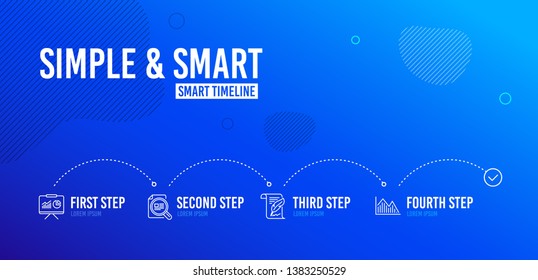 Infographic timeline. Check article, Feather and Presentation icons simple set. Investment graph sign. Magnifying glass, Copyright page, Board with charts. Investment infochart. Science set. Vector