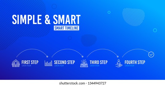 Infographic timeline. Column chart, Group and Typewriter icons simple set. Recruitment sign. Financial graph, Managers, Inspiration. Hr. Education set. 4 steps layout. Line column chart icon. Vector