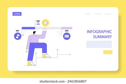 Concepto de cronología infográfica. Hombre escalando escalones que representan hitos de crecimiento profesional de 2011 a 2021 en un diseño de Sitio web. Ilustración vectorial.