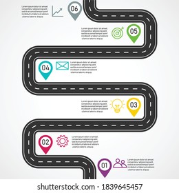 Concepto de cronología de la infografía con carretera. se puede utilizar para procesos, presentaciones, diseño, banner. Símbolo de 6 pasos a la cárcel. concepto de negocio y finanzas. aislado de fondo blanco.