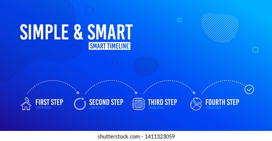 Infographic timeline. Cpu processor, Synchronize and Home icons simple set. Pie chart sign. Computer component, Refresh or update, House building. Presentation graph. Technology set. Vector