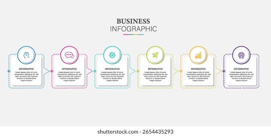 Design de linha do tempo infográfico com 6 opções ou etapas. Infográficos para o conceito de negócios. Pode ser usado para banner de apresentações, layout de fluxo de trabalho, diagrama de processo, fluxograma, gráfico de informações