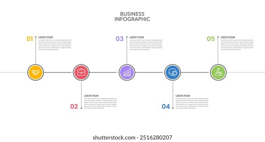 Infografía Plantilla de diseño de línea de tiempo 5 pasos para el éxito. Presentación de Negocios, Gestión, Flujo de Trabajo, Hito, Estrategia y Planificación. Ilustración vectorial.