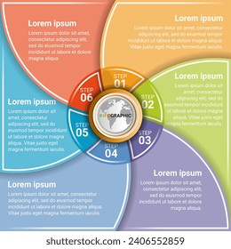 Infographic timeline design template for an 6-step geometric curve with a diagram, flowcharts, and actions for launching a business.
