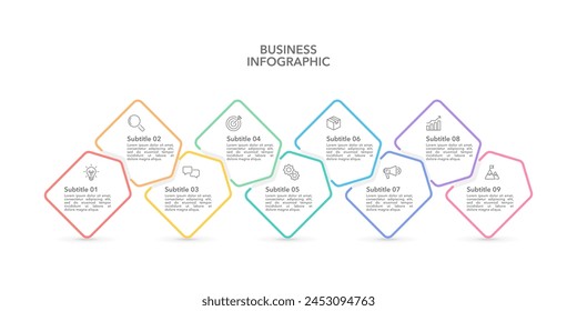 Plantilla de diseño de línea de tiempo infográfica. 9 proceso al éxito. Presentación de negocios, Milestone. Ilustración vectorial.