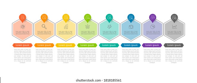 La plantilla de diseño de línea de tiempo de infografía se puede utilizar para presentación, banner, gráfico, flujo de negocios y diagrama. Plantilla moderna de línea de tiempo plana con 8 opciones, piezas, paso para proceso. Plantilla abstracta.