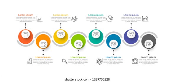 Infographic timeline design template can be used for presentation, banner, graphic, business flow and diagram. Modern flat Timeline template with 8 option, parts, step for process. Abstract template.