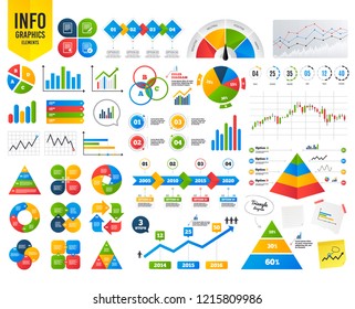 Cronología de la infografía. Iconos de documento de archivo. Símbolo de archivo de Descarga. Contenido de Editar con signo de lápiz. Archivo de Seleccionar con Casilla de verificación. Gráfico financiero. Contador de tiempo. Vector de línea de tiempo de infografía