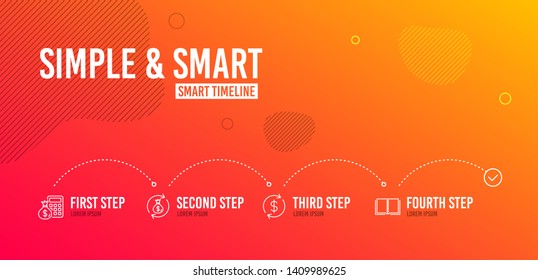 Infographic timeline. Finance calculator, Usd exchange and Money exchange icons simple set. Book sign. Calculate money, Currency rate, Cash in bag. E-learning course. Business set. Vector