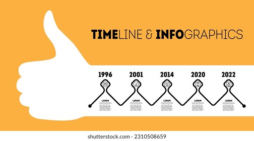 Infographic or timeline with five parts and silhouette of thumb up.
