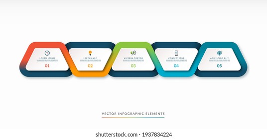 infographic timeline in the form of five trapezoidal design elements surrounded with a multicolor flowing ribbon. Can be used for brochure, presentation, report, chart, graph, web design.