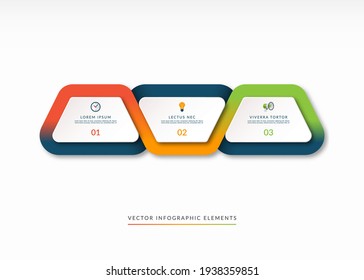 infographic timeline in the form of three trapezoidal design elements surrounded with a multicolor flowing ribbon. Can be used for brochure, presentation, report, chart, graph, web design.