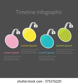 Infographic Timeline four step round circle wobbler. Numbers. Template. Flat design. Black background. Vector illustration
