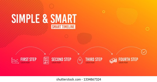 Infographic timeline. Hot water, Report document and Diagram chart icons simple set. Savings sign. Aqua drop, Growth chart, Presentation graph. Finance currency. Business set. 4 steps layout. Vector
