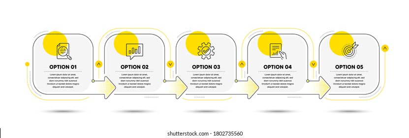 Infographic timeline with icons and 5 steps. Options process with numbers. Infographics business concept. Workflow plan, presentation timeline, arrow path. Business journey process icons. Vector