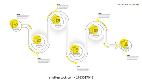 Infographic timeline with icons and 6 steps. Buying process with numbers. Infographics business concept. Online buying plan, presentation timeline, arrow path. Business journey process. Vector